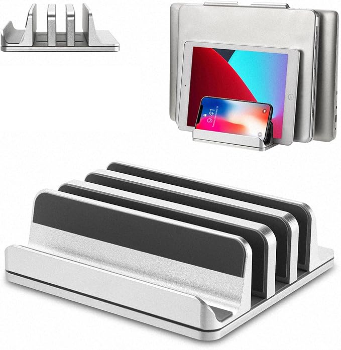 Vertical Laptop Stand [Updated Version],3-Slot Desktop Stand Holder with Adjustable Dock,4 in 1 Design Aluminum Space-Saving Laptop Stand for Desk MacBook/Surface/Samsung/HP/Dell/Chrome Book (Silver)