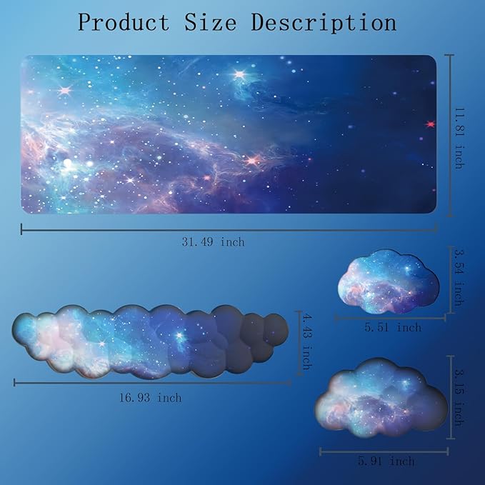 Cloud Wrist Rest Keyboard Galaxy Mouse Pad Set Gradient Blue Large Desk Mat Ergonomic Space Wrist Pad Memory Foam Non-Slip Stars Wrist Support for Computer Laptop Gaming Home Office Relief Typing Pain