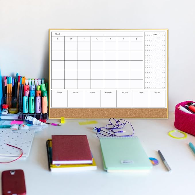 4-in-1 Dry Erase Calendar for Wall with Golden Aluminum Frame, 17x13 inches Magnetic Monthly & Weekly Planner Whiteboard, Cork Board Combo, Hanging White Board for Decor/Memo(4H1-Gold,4333)