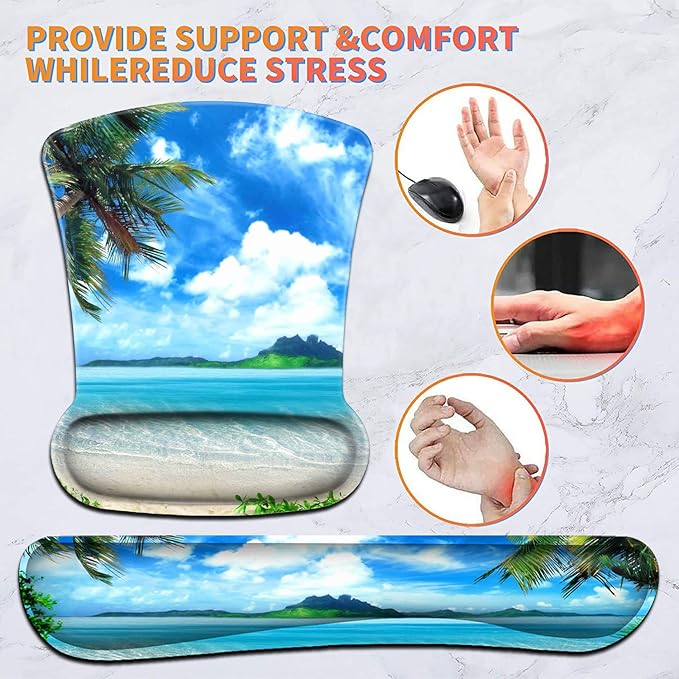 Keyboard Wrist Rest Pad and Ergonomic Mouse Pad Wrist Support Set Ocean Waves Coconut Trees on Sands Beach Seascape Scenery for Gaming, Office, Comfortable and Pain Relief with Coaster Set