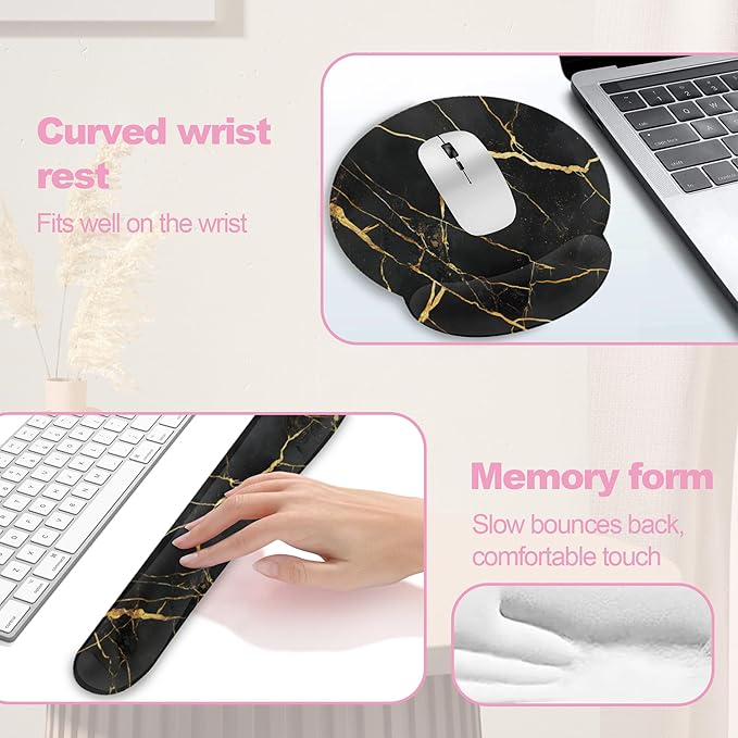 Golden Black Flowing Marble Mouse Pad with Wrist Rest and Keyboard Wrist Rest Set, Non-Slip Rubber Base Memory Foam Mouse Pad Set for Women, Office Desk Accessories, Gaming