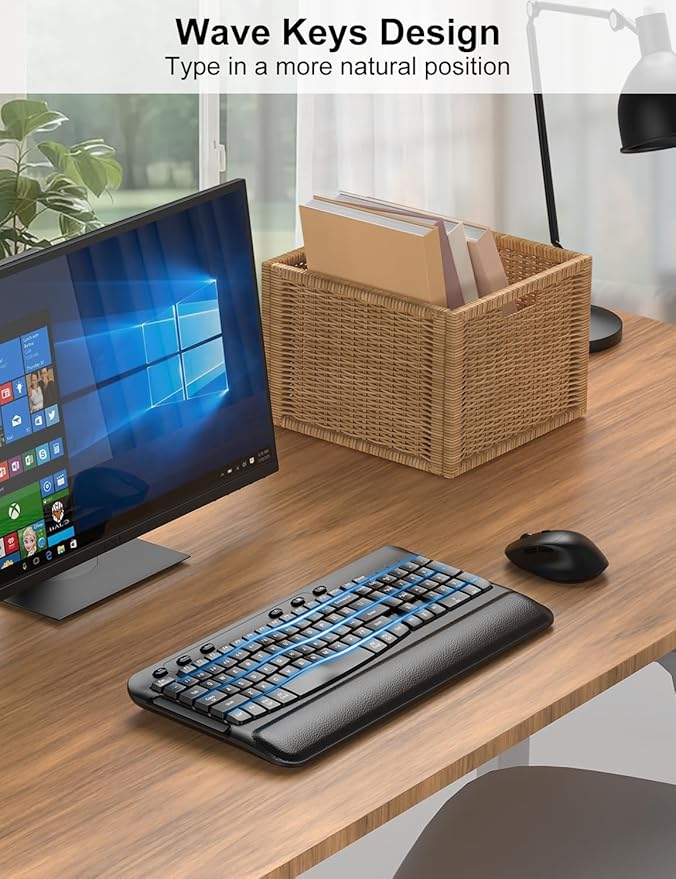 Ergonomic Wireless Keyboard and Mouse Combo, Wave Keys, Full Size Silent Keyboard with Soft Palm Rest, 3 Level DPI, 2.4G Cordless Computer Keyboard Mouse for PC, Laptop, Desktop, Windows & Mac OS