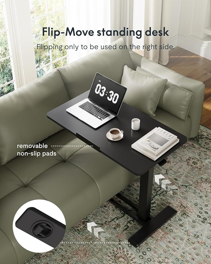 FLEXISPOT H7 PRO Mobile Standing Desk Adjustable Overbed Table Pneumatic with Wheels 90°Tiltable Portable Laptop Desk Rolling Computer Cart Foldable Bedside Table(31.5" W x 17.7" D D, Black)