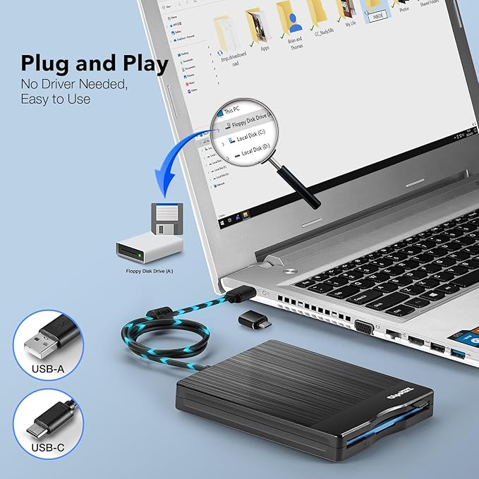 Floppy Disk Reader 3.5 inch External USB A&C Floppy Disc Drive 3 1/2 Floppy Disk Drive/Converter/Player/Reader/Transfer for Laptop Desktop PC Compatible with Windows 11/10 (Brushed Texture)