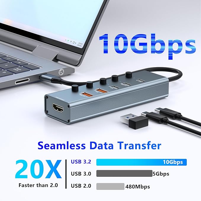 10Gbps USB C Hub Multiport Adapter, 6 Ports USB C Splitter with 4 USB 3.2 Gen 2 Ports, 4K@60Hz HDMI, 100W PD, Touch Switch, USBC to USB Hub for MacBook, iPad, HP, Dell (Not Support Type-C Monitor)
