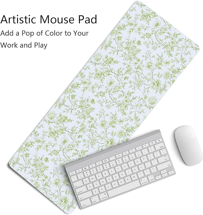 Sage Green Chinoiserie Mouse Pad,Vintage Light Green Floral Desk Mat,XL Large Vintage Flowers Preppy Mouse Pad,Girly Laptop Desk Mat for Dorm Home Office Decor,31.5x11.8 Inch