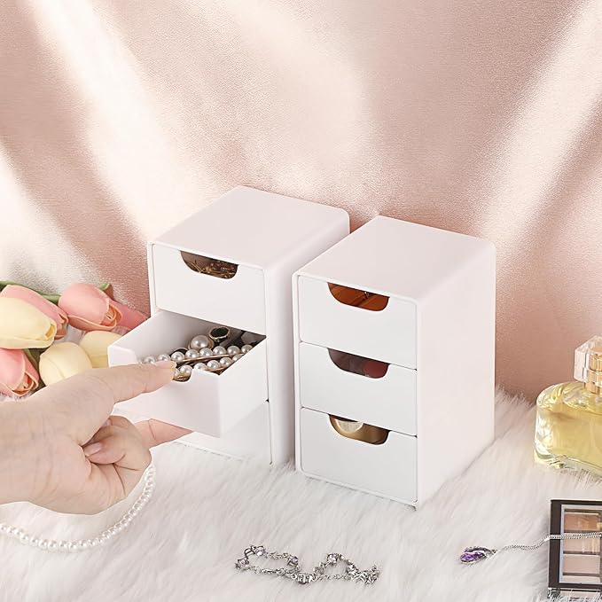 BTSKY 2 Pack Small Acrylic Storage Organizer with Drawers, 3-Layer White Desktop Organizer for Office Supplies Mini Storage Box with Drawers for Desk, Desktop Makeup Drawer Jewelry Storage Box