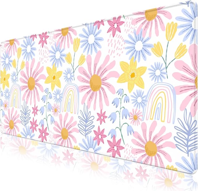 Lovely Desk Pad Mouse Pad, Large Gaming Mouse Mat with Stitched Edges, Non-Slip Waterproof Rubber Base Mous Mat for Office Computer Keyboard Laptop Home Decor Women (35.4X17.5 in), Pink Wildflower