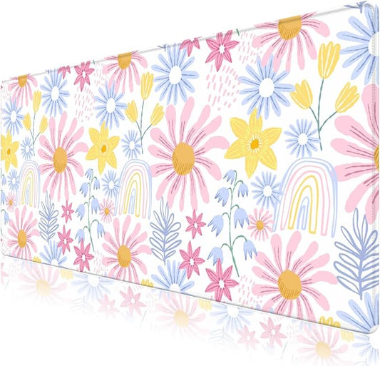 Lovely Desk Pad Mouse Pad, Large Gaming Mouse Mat with Stitched Edges, Non-Slip Waterproof Rubber Base Mous Mat for Office Computer Keyboard Laptop Home Decor Women (35.4X17.5 in), Pink Wildflower