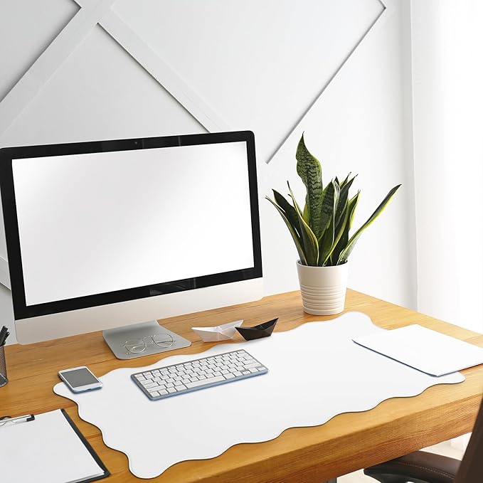 Scalloped Desk Mat Large Scalloped Piping Cute Desk Mat Aesthetic Preppy Table Pad Large Nonslip Pad with Edge Stitching Waterproof Gaming(White,23.62 x 13.78 Inches)