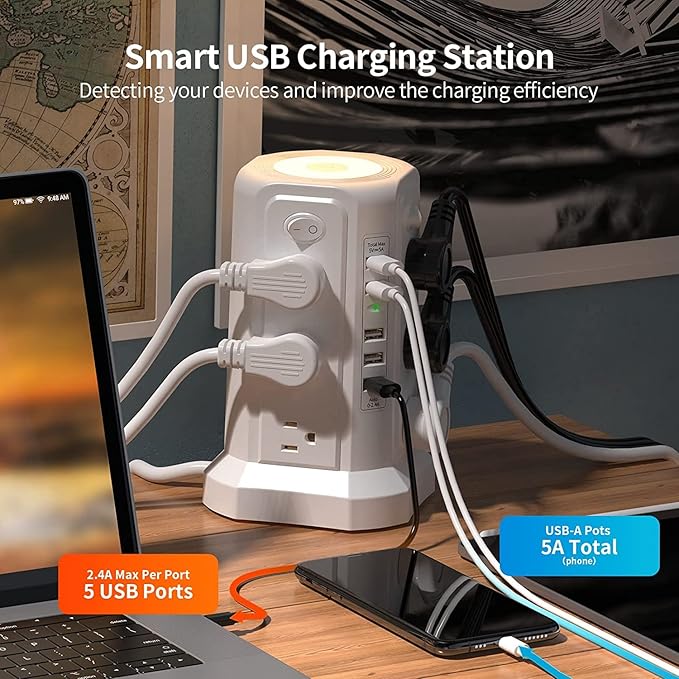 Surge Protector Power Strip Tower with 5 USB Ports and Night Light, 10FT Extension Cord with 12 AC Multiple Outlets, PASSUS Power Tower, Overload Protection for Home Office Dorm Room (2PC-White)