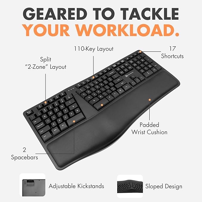 X9 Wireless Ergonomic Keyboard with Cushioned Wrist Support - Type Comfortably Longer - Wireless Split Keyboard for Laptop, PC & Chrome Computer with 110 Ergo Keys & 5ft Cable