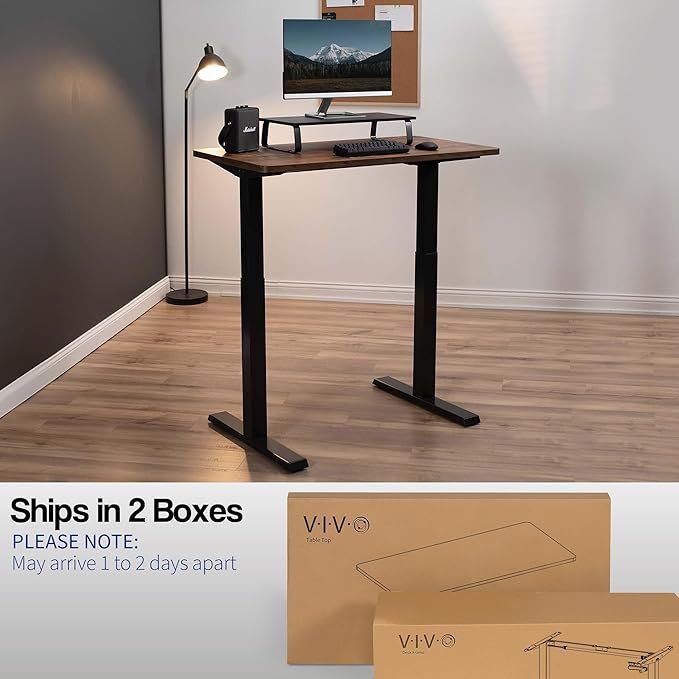 VIVO Manual Height Adjustable 43 x 24 inch Stand Up Desk, Rustic Vintage Brown Solid One-Piece Table Top, Black Frame, Standing Workstation with Foldable Handle, DESK-KIT-MB4N