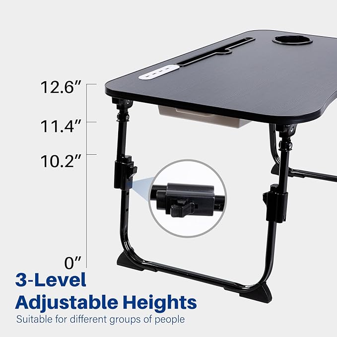 BYMECOST Laptop Desk for Bed, Height Adjustable Laptop Bed Table, Foldable Portable Lap Desk Stand with USB/Storage Drawer/Cup Holder/Slot, Breakfast Tray for Working Reading Writing Eating