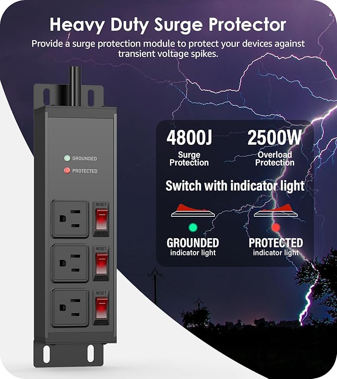 CCCEI 3 Outlet Heavy Duty Surge Protector Power Strip 20 Amp Individual Switches. 12 Gauge Extension Cord, Overload, Ground Protection. Garage Wall Mount Electric Extender, 10FT, Black.