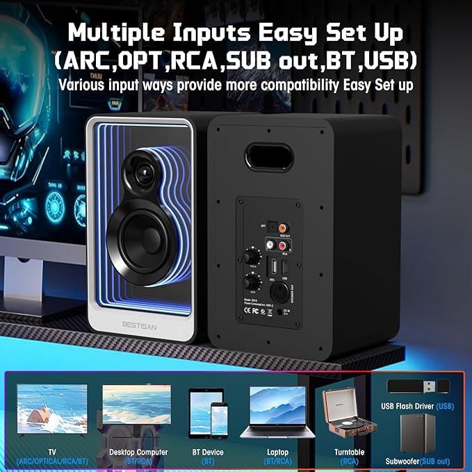 BESTISAN 50W*2 Active Bookshelf Speakers with Dynamic Light Effect, 3" Bass Computer Speakers with ARC/Optical/RCA/BT 5.2/USB/SUB Out Input for Turntable, PC, TV and Phone.