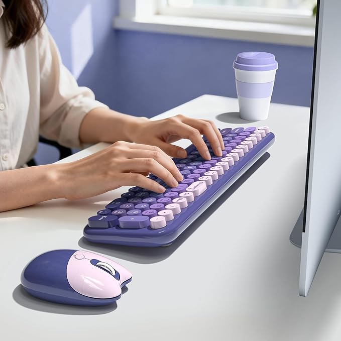 Wireless Keyboard and Mouse Combo, Portable Retro Keyboard with Compact Size, 2 in 1 USB Connected Mouse for Windows 7/8/10, Laptop, Desktop, PC, Computer (Purple)