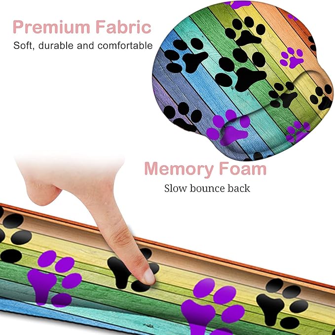 Keyboard Wrist Rest and Mouse Pad with Wrist Support, Ergonomic Gel Mouse Pad Coaster,Easy Typing Pain Relief, Memory Foam Keyboard Mousepad Set,Rainbow Woodgrain Black and Purple Dog Paw