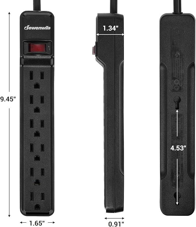 DEWENWILS 25FT Power Strip Surge Protector, 6-Outlet Strips with Low Profile Flat Plug, 15 Amp Circuit Breaker, 500 Joules, Wall Mount, UL Listed