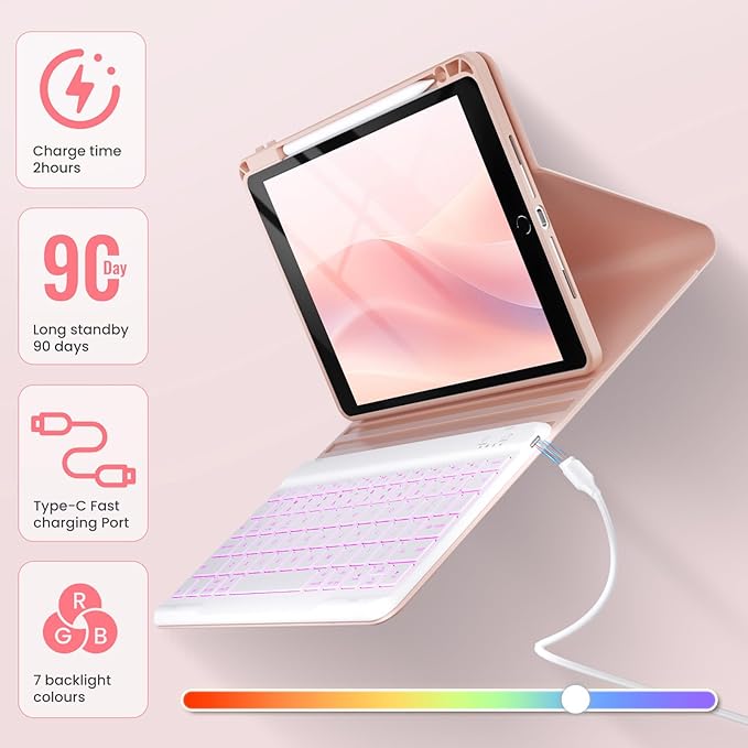 OYEEICE Keyboard Case for iPad 9th/8th/7th Generation 10.2 inch 2021/2020/2019, iPad Pro 10.5-inch, iPad Air 3 2019- Rotating Magnetic Clear Cover with Detachable Wireless Backlit Keyboard - Pink