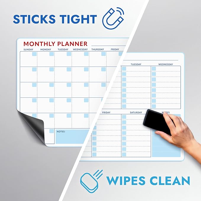 Magnetic Whiteboard Calendar for Fridge – 2-Pack Monthly & Weekly Planners (14”x12”) – Dry Erase Boards with Notes Section, Shaded Dates – Includes 4 Markers & Magnetic Eraser