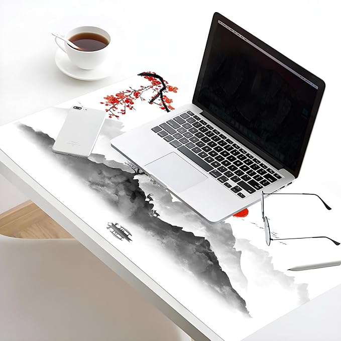 EOBTAIN Japanese Large Gaming Mouse Pad Cherry Blossom Keyboard Mat 31.5x15.7 Inch Mountain Landscape XXL Thin and Big Extended Desk Mat Smooth Non-Slip Rubber Mousepad Stitch Desk Accessories