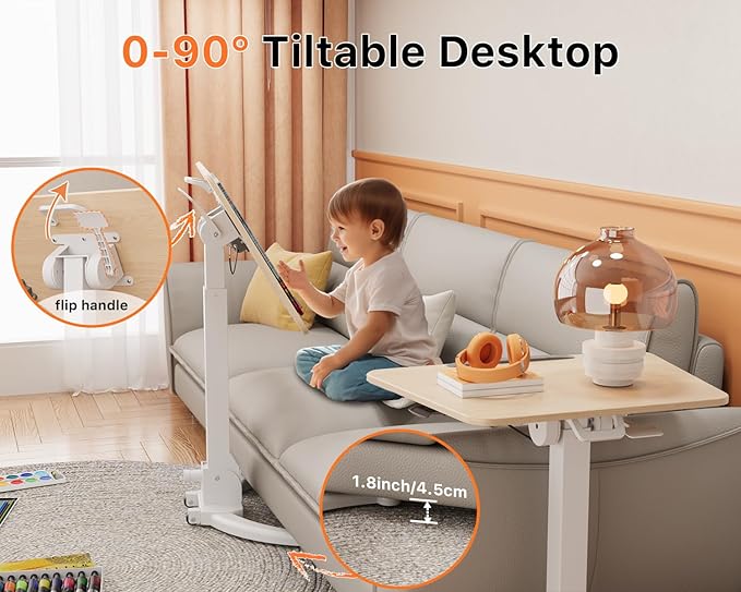 JOY worker Foldable Mobile Standing Desk, Pneumatic Height Adjustable Sit Stand Desk, 90° Tiltable Rolling Laptop Desk, Portable Cart with Wheels Non-Slip Mat for Home Office, Holds Up to 22lbs