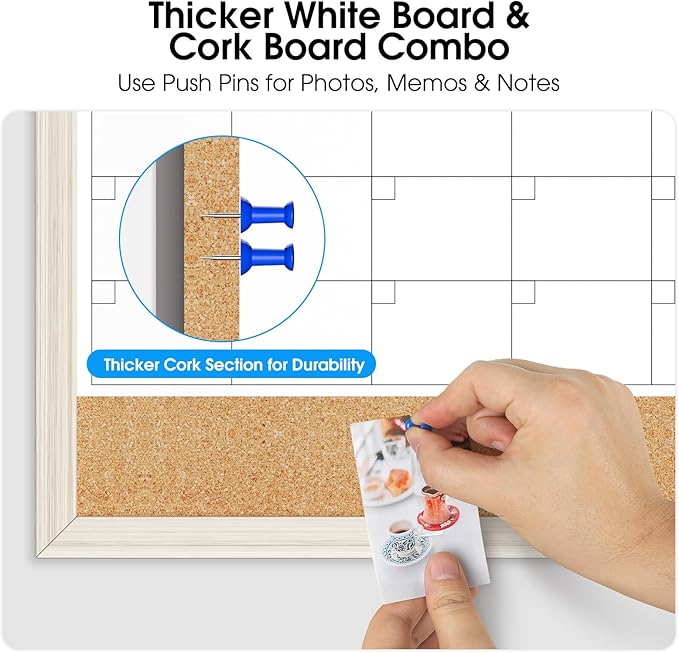 MaxGear Calendar Whiteboard for Wall, 17 x 13 Inch Double Sided Monthly Calendar Whiteboard with Cork Board Strip, Magnetic Dry Erase Board with Wooden Frame for Kitchen and Home Office Planning