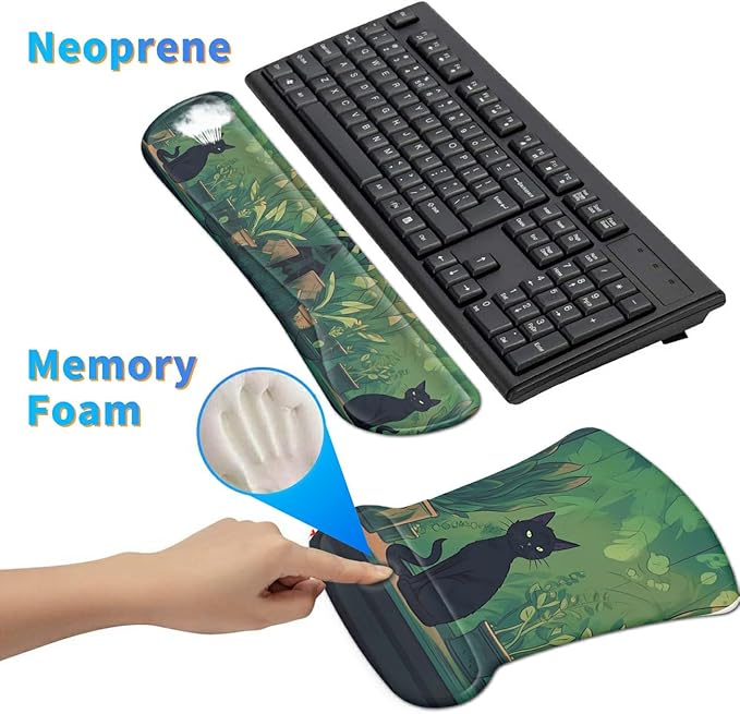 Ergonomic Mouse Pad with Wrist Support Gel Mousepads and Upgrade Keyboard Wrist Rest Pad Set, Coasters Non-Slip PU Base Mouse Mat for Office Gaming Computer Laptop Home, Black Cat Leaf