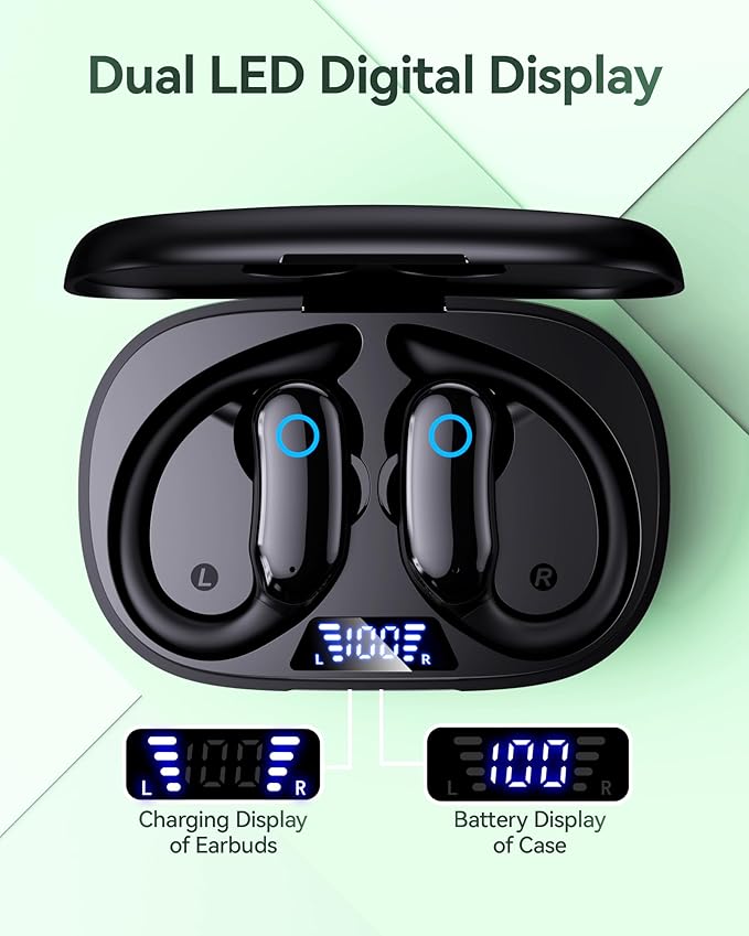 GNMN Active Noise Cancelling Ear Buds Wireless Earbuds 96hrs Playback Bluetooth Headphones Dual Battery Display Stereo Bass Earphones with Earhooks Microphone IPX7 Waterproof Headset for Sports/Gym