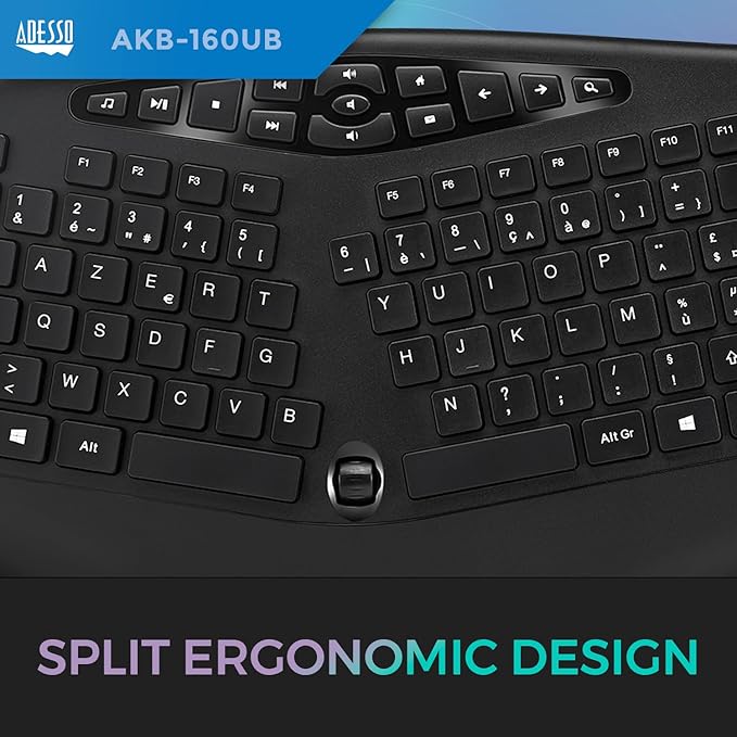 Adesso AKB-160UB Wired Ergonomic Keyboard with Integrated Palm Rest, Chiclet Keycaps, and Multimedia Hotkeys
