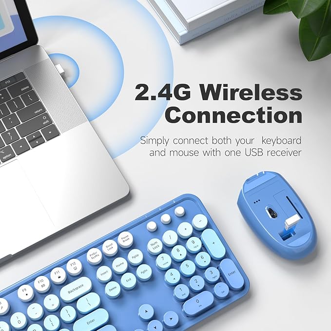 MOFII Wireless Keyboard Mouse Combo, Typewriter Full Size Keyboard with Number Pad and 2 in 1 USB Connected Mouse for PC Computer Laptop Desktop Windows (Blue Colorful)