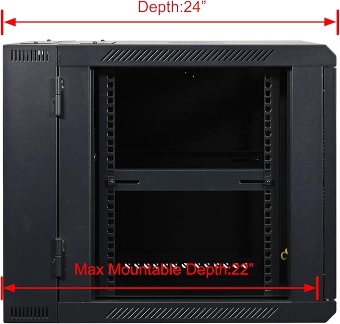 AEONS 9U Professional Wall Mount Server Cabinet Enclosure Double Section Hinged Swing Out 19-Inch Server Network Rack with Locking Glass Door Black (Fully Assembled)