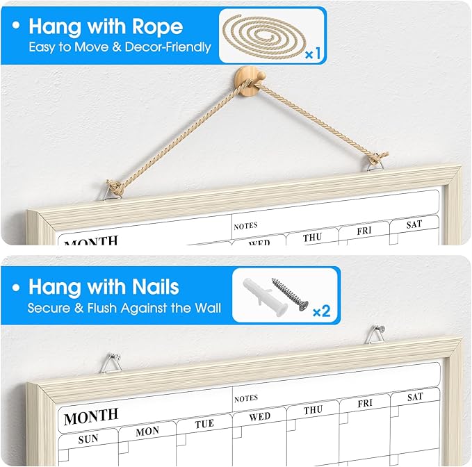 MaxGear Calendar Whiteboard for Wall, 17 x 13 Inch Double Sided Monthly Calendar Whiteboard with Cork Board Strip, Magnetic Dry Erase Board with Wooden Frame for Kitchen and Home Office Planning