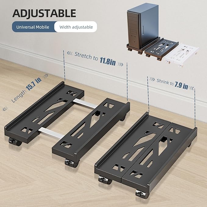 Adjustable Mobile CPU Stand, Ventilated Computer Tower Stand with 4 Caster Wheels Fits Most PC Tower, Under Desk CPU Holder PC Floor Cart Computer Riser for Students and Gamers (Black)