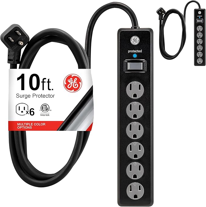 GE Surge Protector Power Strip, 10 Ft Extension Cord, 6 Outlet Extender, 800 Joules, Flat Plug, Twist-to-Close Safety Covers, ETL Listed, Black, 2 Pack, 54646