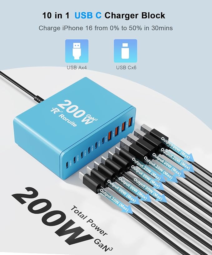 USB C Charging Station 10 Port with 4 USB Cables, 200W GaN Type C Charger Block, Wall Charger Power Strip Adapter Plug for iPad iPhone17 16 15 14 13 12 Pro Max Pixel Note Galaxy