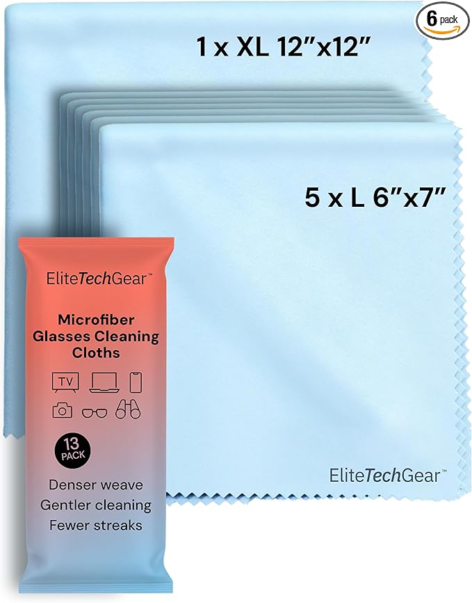 Elite Screens 6-Pack Microfiber Cleaning Cloths - 5-pc 6"×7" & 1-pc 12"×12", Light Blue - Streak-Free Glasses Wipes - Travel-Ready Eyeglass Cleaning Wipes - Oversized Reusable Lens Care Cloths