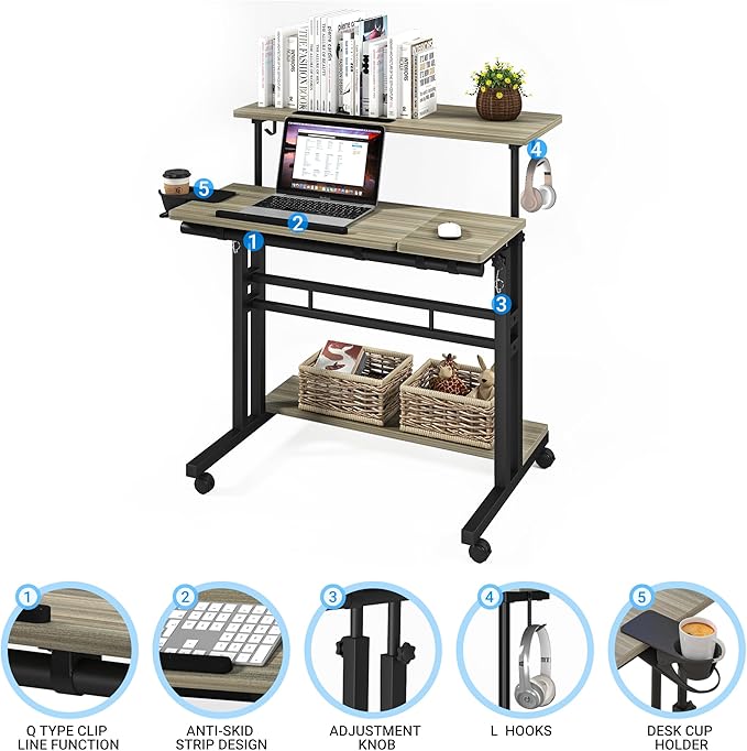 Panta Mobile Standing Desk, Adjustable Rolling Computer Desk with 3 Desktops, Portable Laptop Table with Cup Holder, Home Office Laptop Workstation on Lockable Wheels, Grey Oak