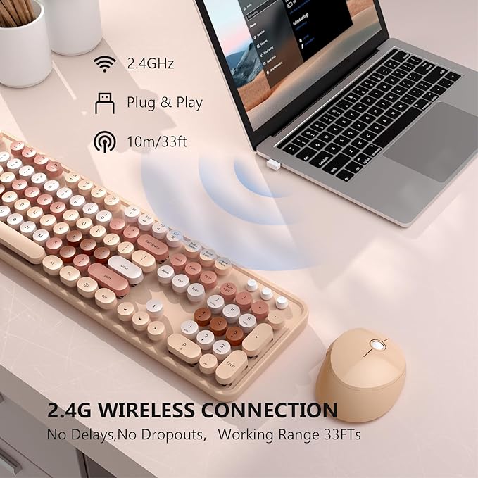 Wireless Keyboard and Mouse Combo, MOFII Full-Size Retro Round Keyboard and Mouse, 2.4 GHz Wireless, Plug and Play, 8 Multimedia & Shortcut Keysfor Mac, Windows, Laptop/Desktop/PC (Creamy)