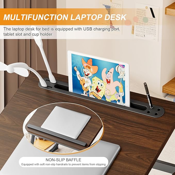 Laptop Desk for Bed, Adjustable Laptop Stand with 5 Different Angles, Portable Lap Tray Table with USB Charge Port and Cup Holder, Laptop Bed Desk Tray for Eating Working Writing (Brown)