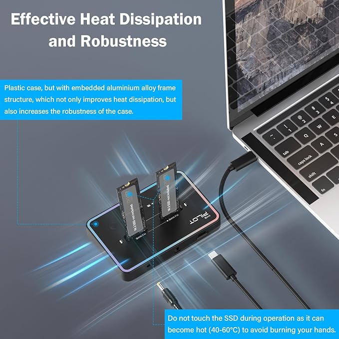 M.2 Duplicator Cloner Dual-Bay Offline USB C to NVME SATA Docking Station, M.2 Reader 20Gbps for Both (M Key, B+M Key) PCIE NGFF Dock, Size 22110 2280 2260 2242 2230 Enclosure - NN/SS RGB