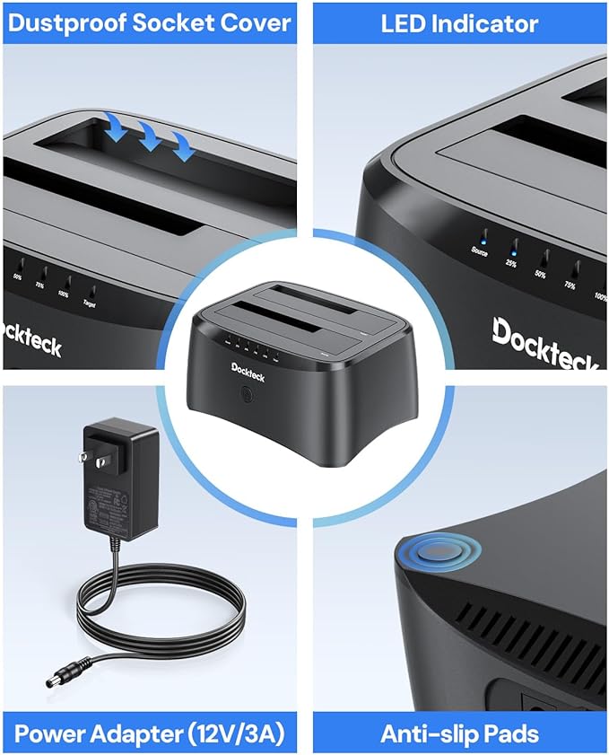 Hard Drive Docking Station, dockteck USB 3.0 to SATA Dual Bay External Hard Drive Enclosure for 3.5 or 2.5 inch SATA HDD SSD with Offline Clone