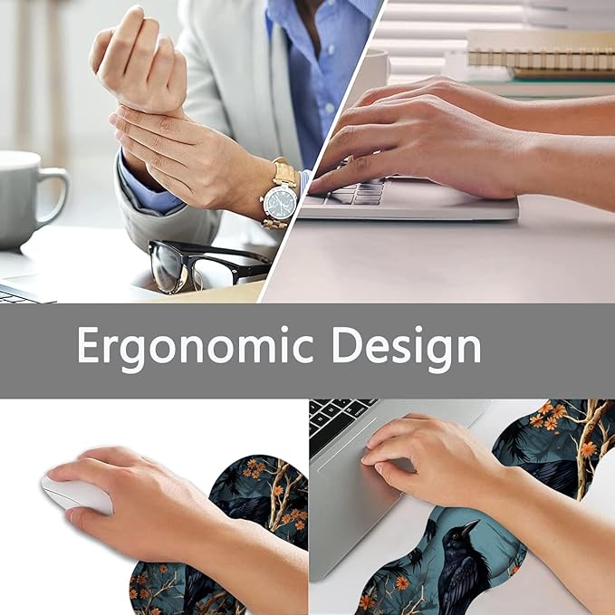Large Gaming Mouse Pad + Keyboard Wrist Rest + Wrist Support + Coaster Set, Memory Foam Ergonomic for Easy Typing, XXL Extended Gaming Mouse Pad Table Pad - Branch Crow