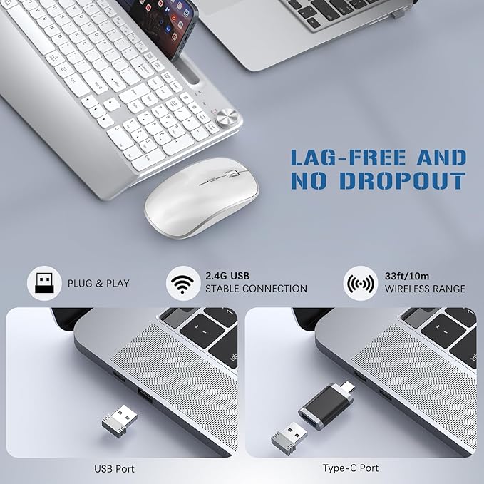 JOYACCESS Ergonomic Wireless Keyboard Mouse Combo, Full Size Wireless Keyboard Designed with Phone Holder and Wrist Rest,Volume Roller for Computer Mac PC Laptop-Silver
