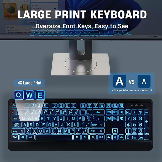 Large Print Backlit Keyboard, Wired Lighted Computer Keyboards with 7-Color Backlight, Light Up Oversize Letter Keys, Foldable Stands, USB Quiet Keyboard for PC, Windows, Laptop (Colorful Backlit)