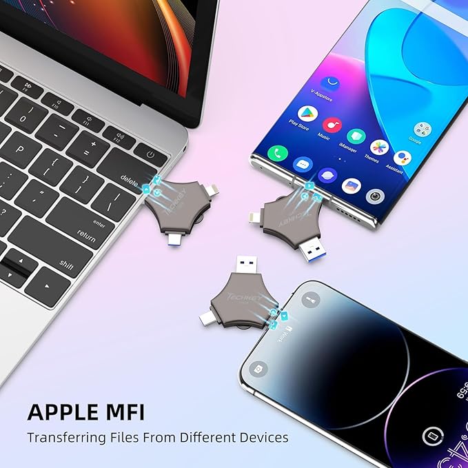 MFi Certified USB 3.0 Flash Drive 128GB for iPhone, 3in1 External Memory Photo Keeper Storage Stick for Picture/Video/Data Saver/Backup, High Speed Thumb/Jump/Hard Drives for iPad/Android/PC (Black)