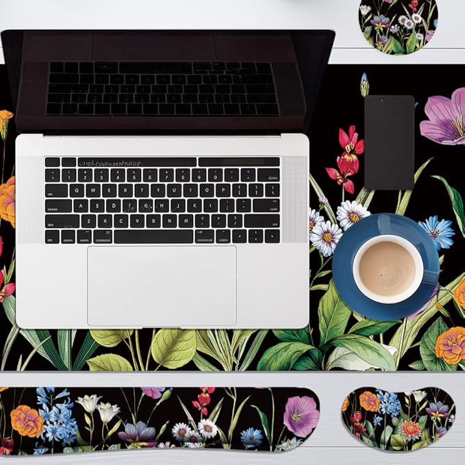 4 in 1 Large Keyboard Mouse Pad Set, Ergonomic Keyboard Wrist Rest Pad, Wrist Support Mousepad Set, Cup Coaster, Extended Desk Mat for Home Game Women Office Desk Decor Accessories(Floral)