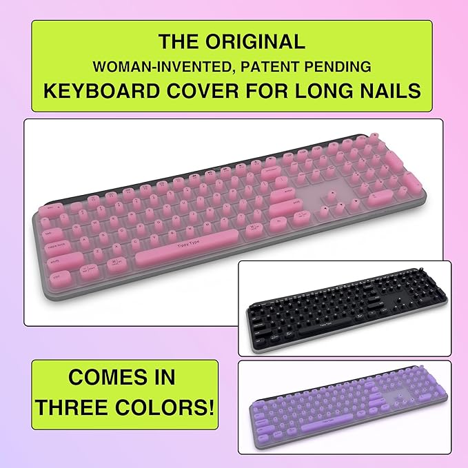 TIPPY TYPE Raised Keyboard Cover for Long Nails – Fits Logitech MX Keys S Full-Size Keyboard - Silicone - The Original - Comfortable Typing, Quiet, Nail Protection (Cotton Candy Pink)