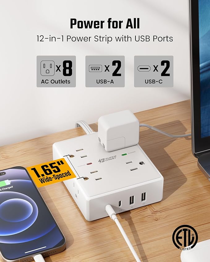 25Ft Long Extension Cord, Flat Plug Power Strip with 8 Outlets & 4 USB Ports (2 USB C), Wall Mountable Surge Protector, Desk Charging Station for Home Office, Dorm Room Essentials